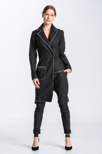 Asymmetrical tailcoat jacket denim with grey stitching