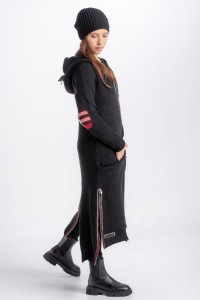 Sweater coat in black with red tartan inserts