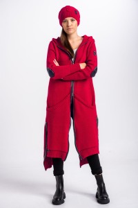Sweater coat in red with leather inserts