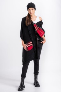 Poncho sweater in black with red tartan inserts