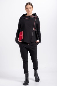 Square sweatshirt jacket with red tartan inserts