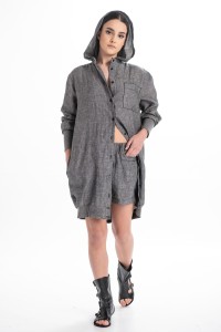 Hooded linen shirt dress - grey melange