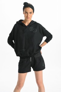 Linen shorts - black with grey stitching and a stamp